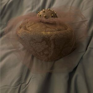 Vintage Gold Brown Fascinator Pill box hat with veil beading and brocade detail